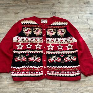 Vintage Sweater Christmas Women's Medium Holiday Cardigan Zip Embroidered Red